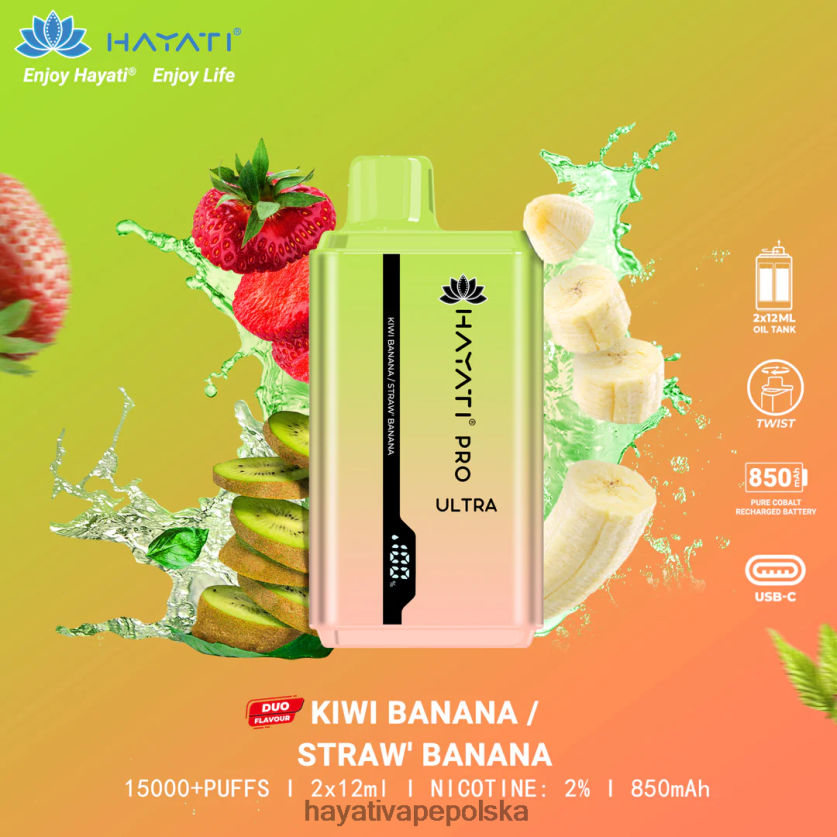 Hayati Copenhagen | Hayati Pro Ultra jednorazowe 15000 zaciągnięć banan kiwi/banan truskawkowy 620XTZ222