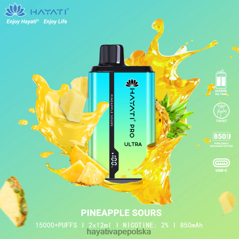 Hayati Dansk | Hayati Pro Ultra jednorazowe 15000 zaciągnięć ananas jest kwaśny 620XTZ223