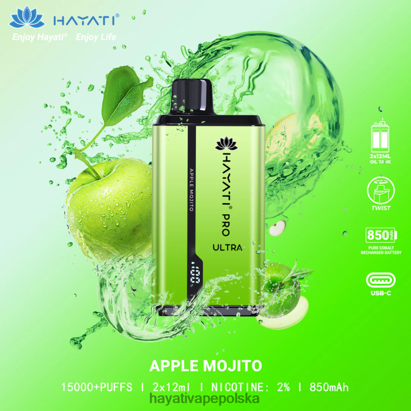Hayati Store Danmark | Hayati Pro Ultra jednorazowe 15000 zaciągnięć mojito jabłkowe 620XTZ200