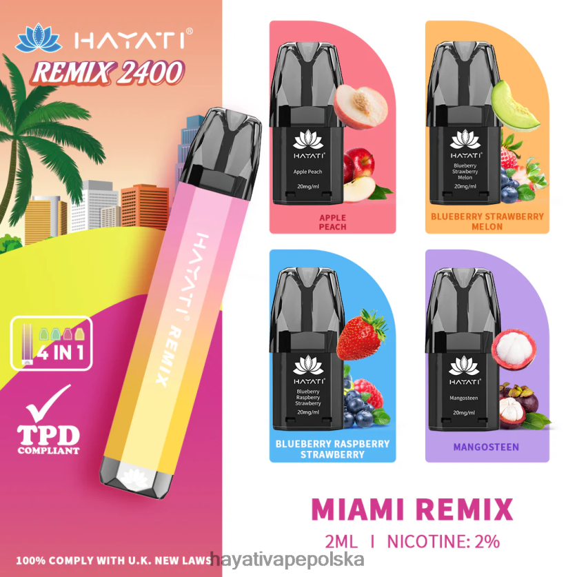 Hayati Vape Buy | Hayati Remix system wstępnie napełnionych kapsułek 2400 zaciągnięć remiks z Miami 620XTZ56