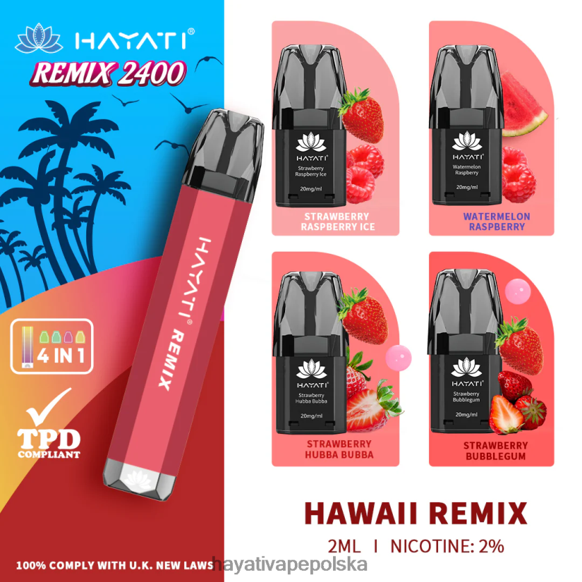 Hayati Vape Danmark | Hayati Remix system wstępnie napełnionych kapsułek 2400 zaciągnięć remiks z Hawajów 620XTZ54