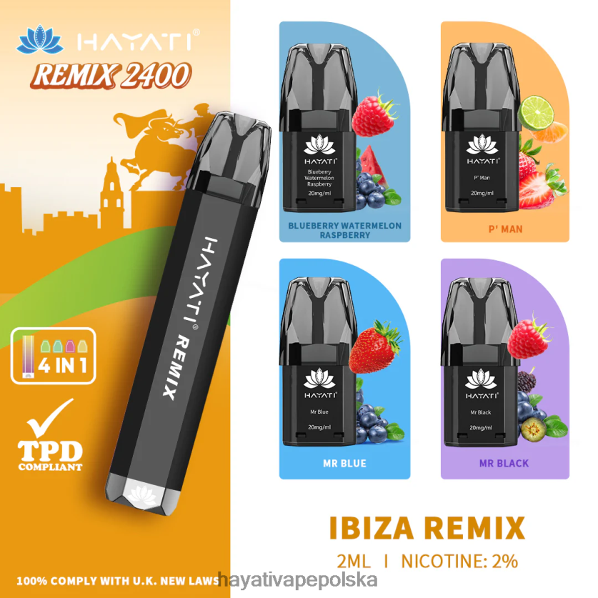 Hayati Vape Price | Hayati Remix system wstępnie napełnionych kapsułek 2400 zaciągnięć remiks Ibizy 620XTZ55